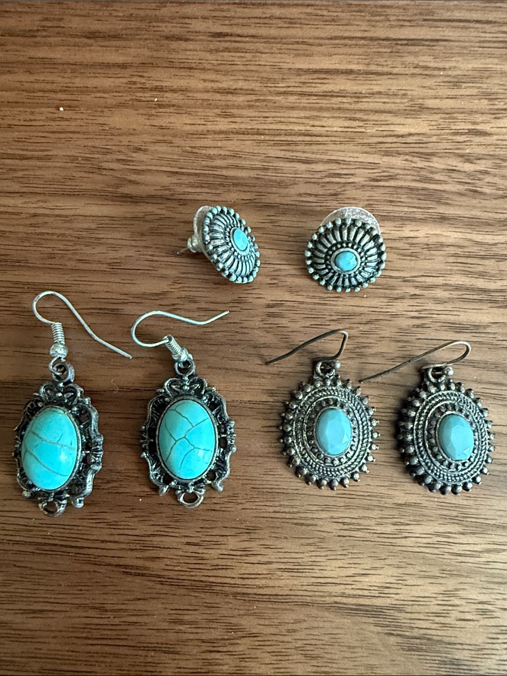 Turquoise Stone Silver-Tone Dangle Earrings - Women Jewelry - sold as set of 3